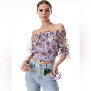NWT $395 Alice Olivia off-the-shoulder smocked floral-print silk-organza top